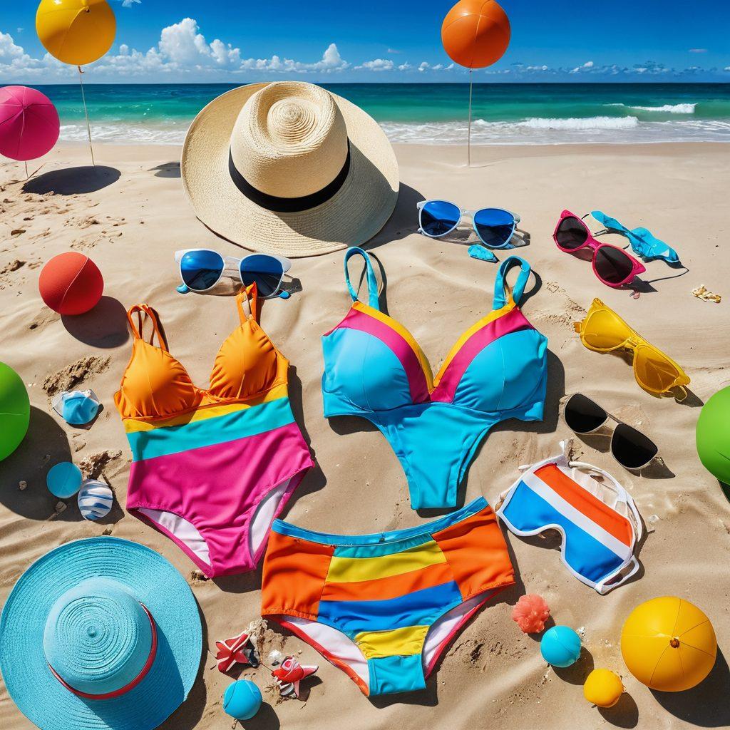 A sun-soaked beach scene featuring an array of colorful two-piece swimsuits displayed on a sandy shore, with crystal clear waves gently lapping at the beach. Include playful beach accessories like sunglasses, a beach ball, and a sun hat to enhance the summer vibe. The background should feature a vivid blue sky with fluffy white clouds, inviting people to dive into their beach adventures. vibrant colors. super-realistic.
